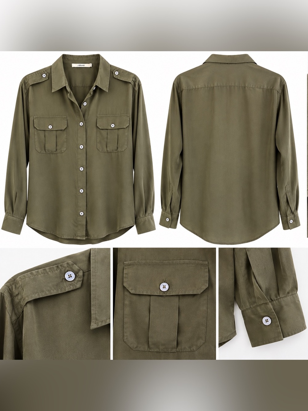 J Brand Olive Green Semi-Sheer Utility Button Up Blouse Epaulets Pockets Size M